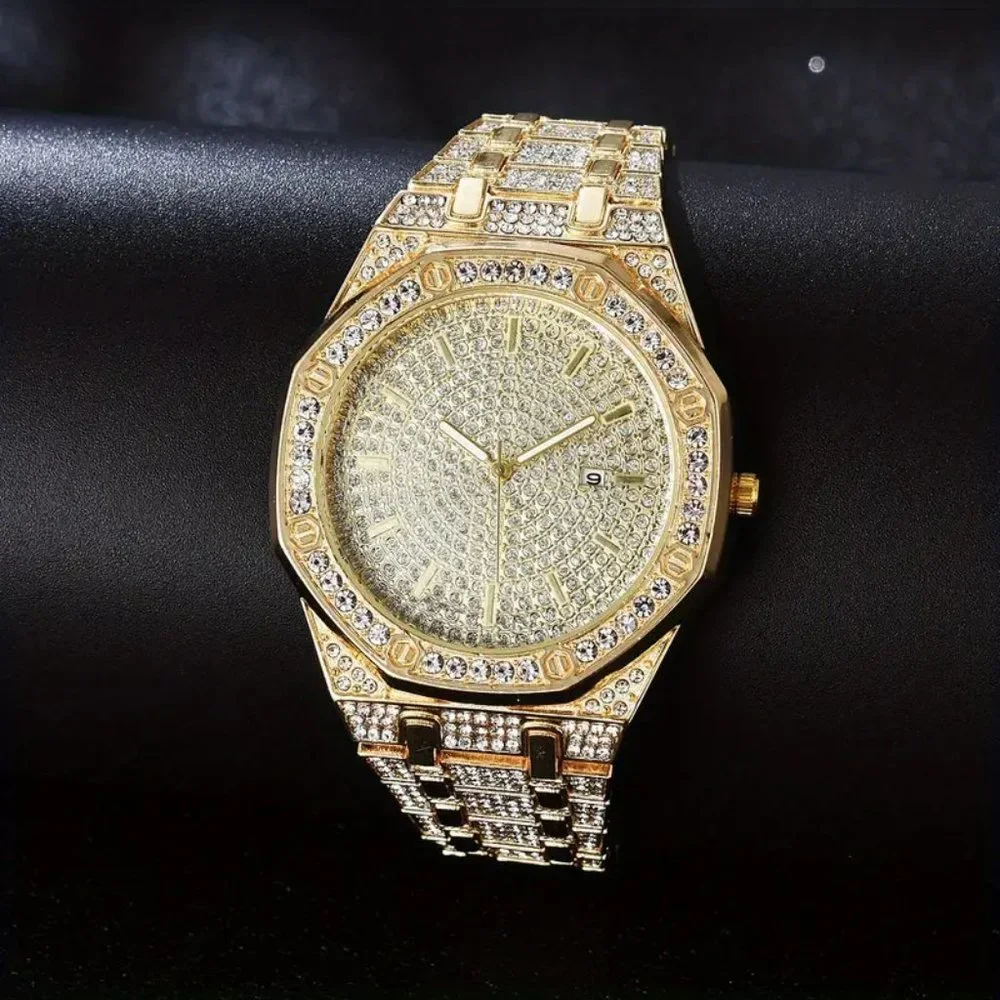 New Men's Bling Watch Big Dial Calendar Date Gold Steel Band Hip Hop Wristwatch - Picture 3 of 3